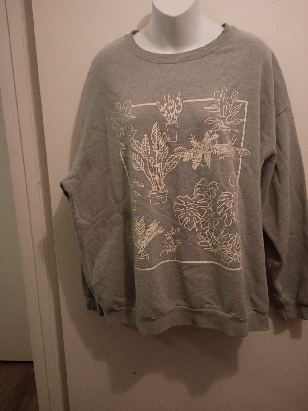 Light Gray Crewneck Sweatshirt with White Botanical Line Art